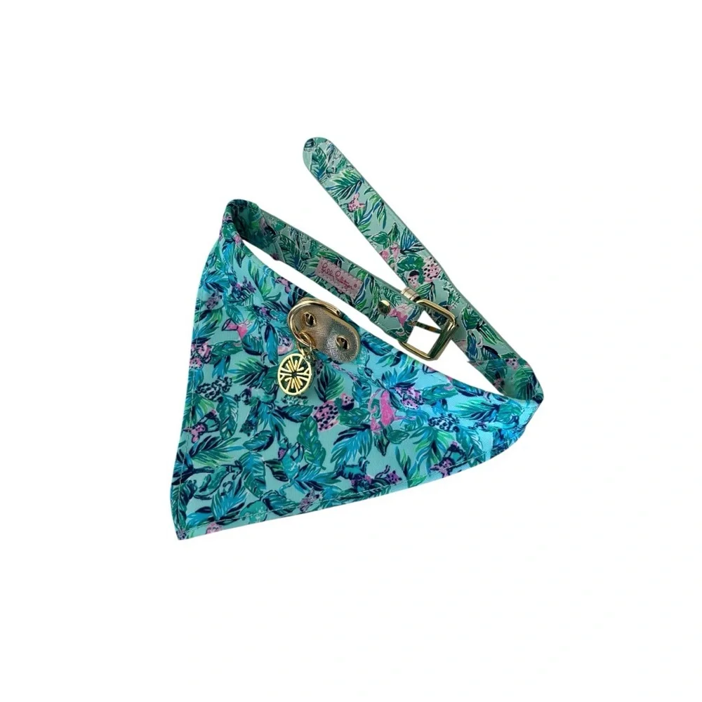 LILLY PULITZER LEATHER CANVAS DOG COLLAR Floral pup Bandana with Pendant M/L M L